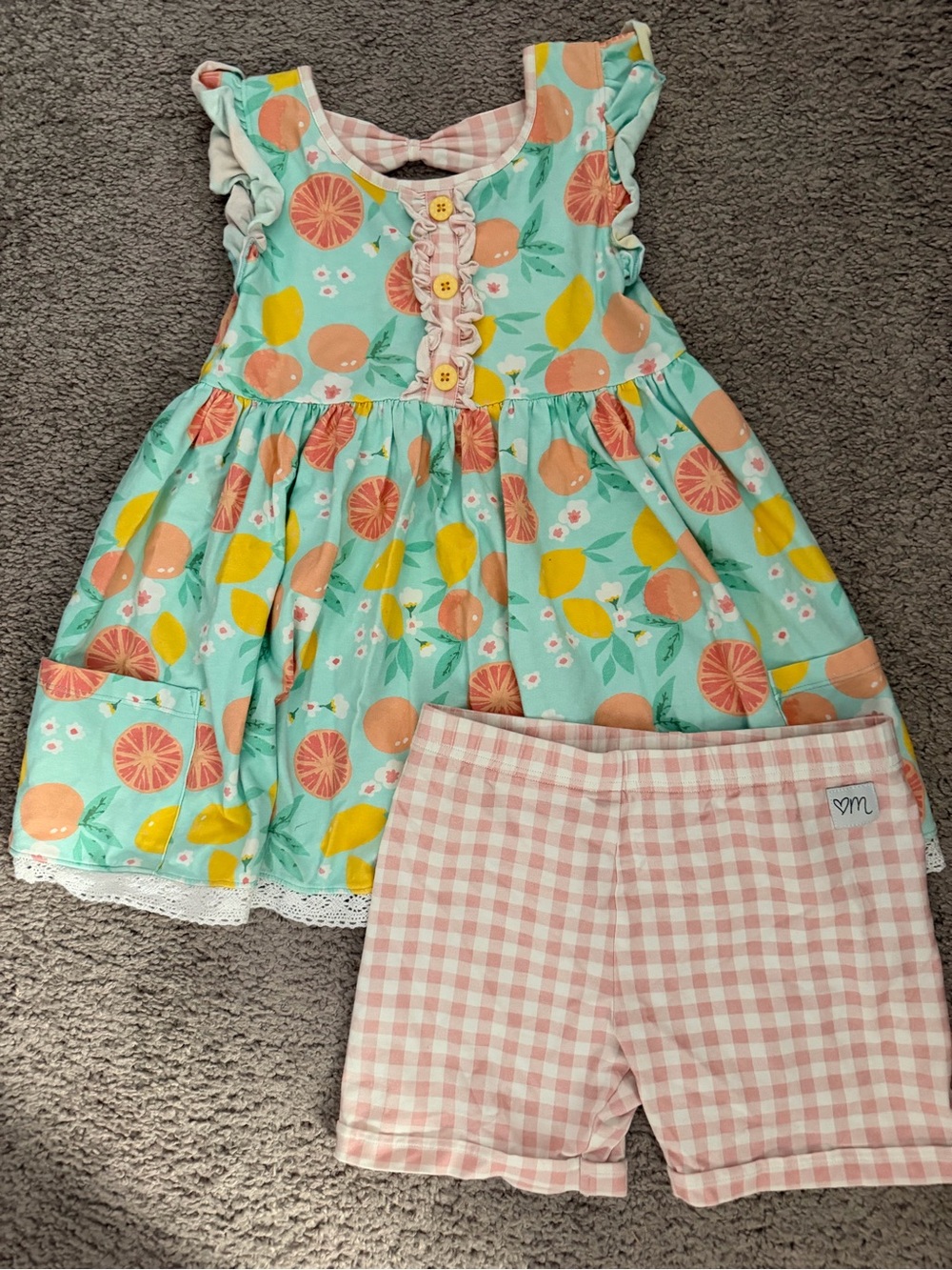 Girls Mint Citrus Dress & Pink Gingham Shorts Matching Set